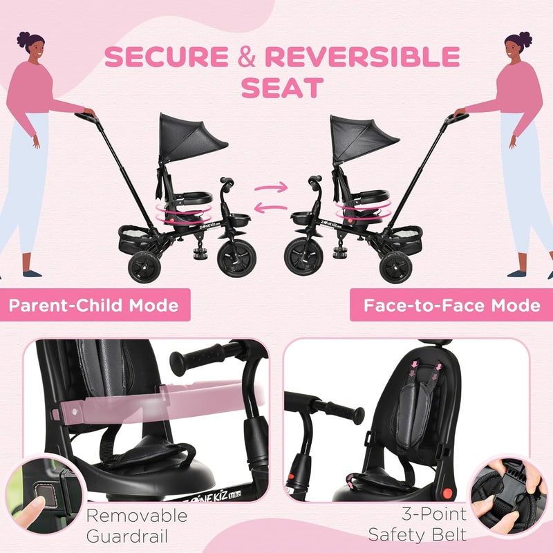 Qaba Kids Tricycle, 4 in 1 Foldable Trike with Reversible Seat, Adjustable Parent Handle, Safety Harness, Wheel Brakes, Removable Canopy, Storage, Tricycle for Toddlers 1-5 Years, Black - Image 4